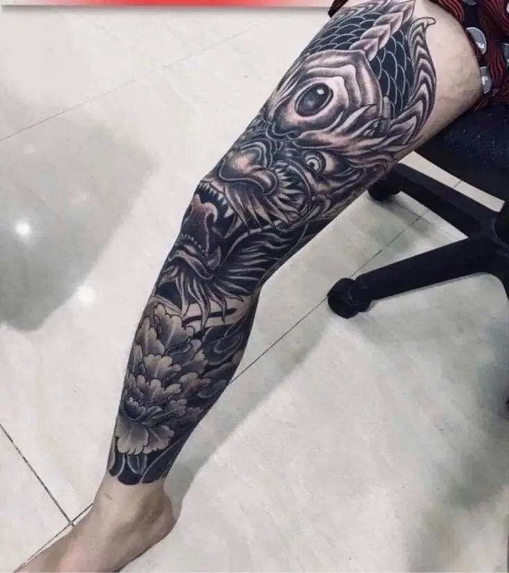Hình Xăm Full Chân Nhật Cổ Trắng Đen Đẹp 3