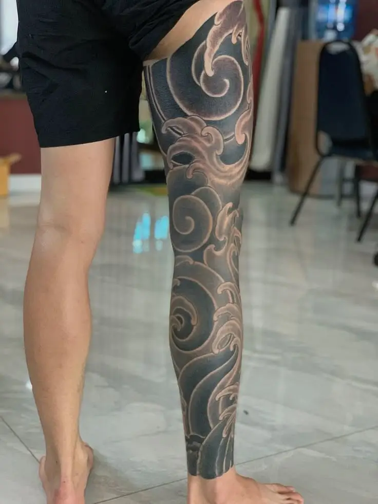 Hình Xăm Full Chân Nhật Cổ Trắng Đen Đẹp 20