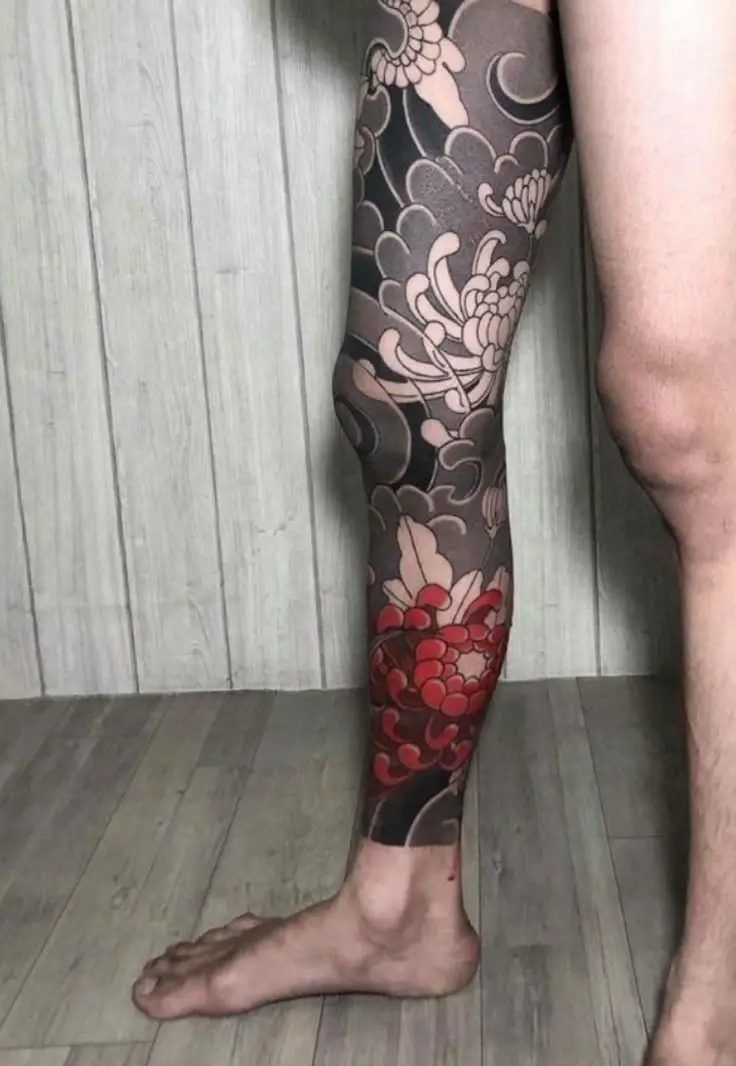 Hình Xăm Full Chân Nhật Cổ Trắng Đen Đẹp 23
