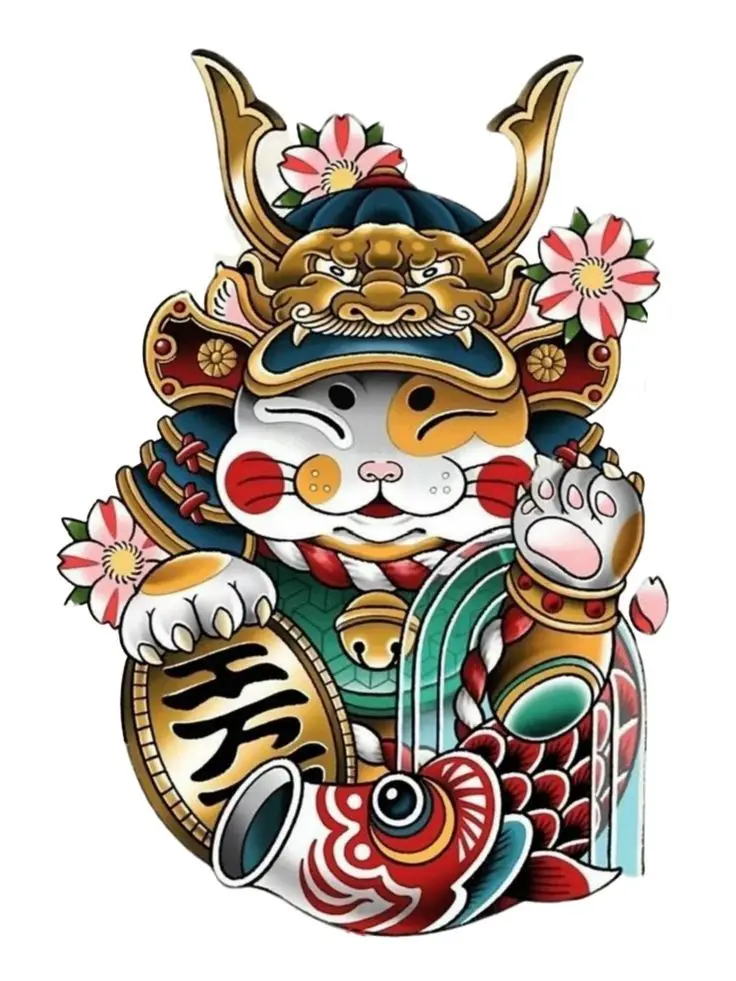 Hình Xăm Mèo Thần Tài Samurai: Biểu Tượng May Mắn 1