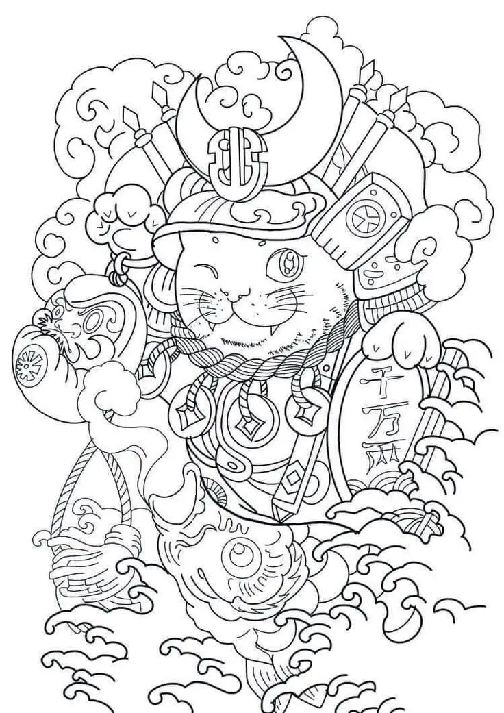 Hình Xăm Mèo Thần Tài Samurai: Biểu Tượng May Mắn 8