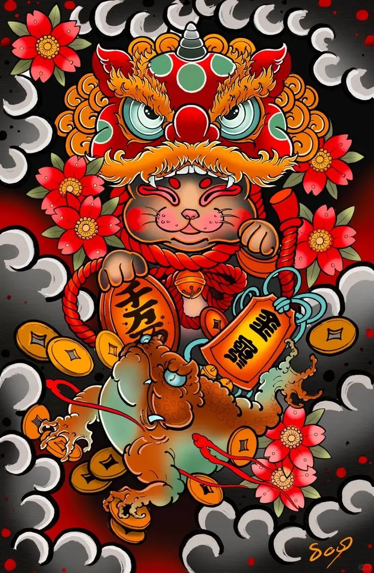 Hình Xăm Mèo Thần Tài Samurai: Biểu Tượng May Mắn 12