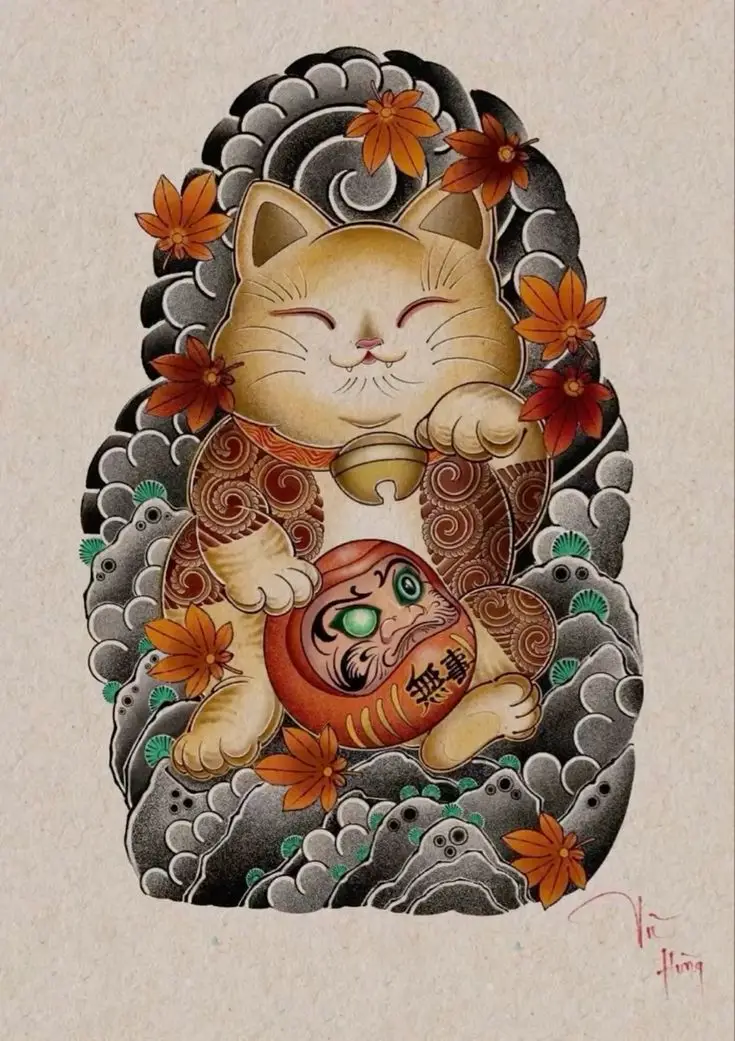Hình Xăm Mèo Thần Tài Samurai: Biểu Tượng May Mắn 13