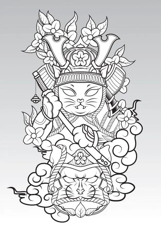 Hình Xăm Mèo Thần Tài Samurai: Biểu Tượng May Mắn 15