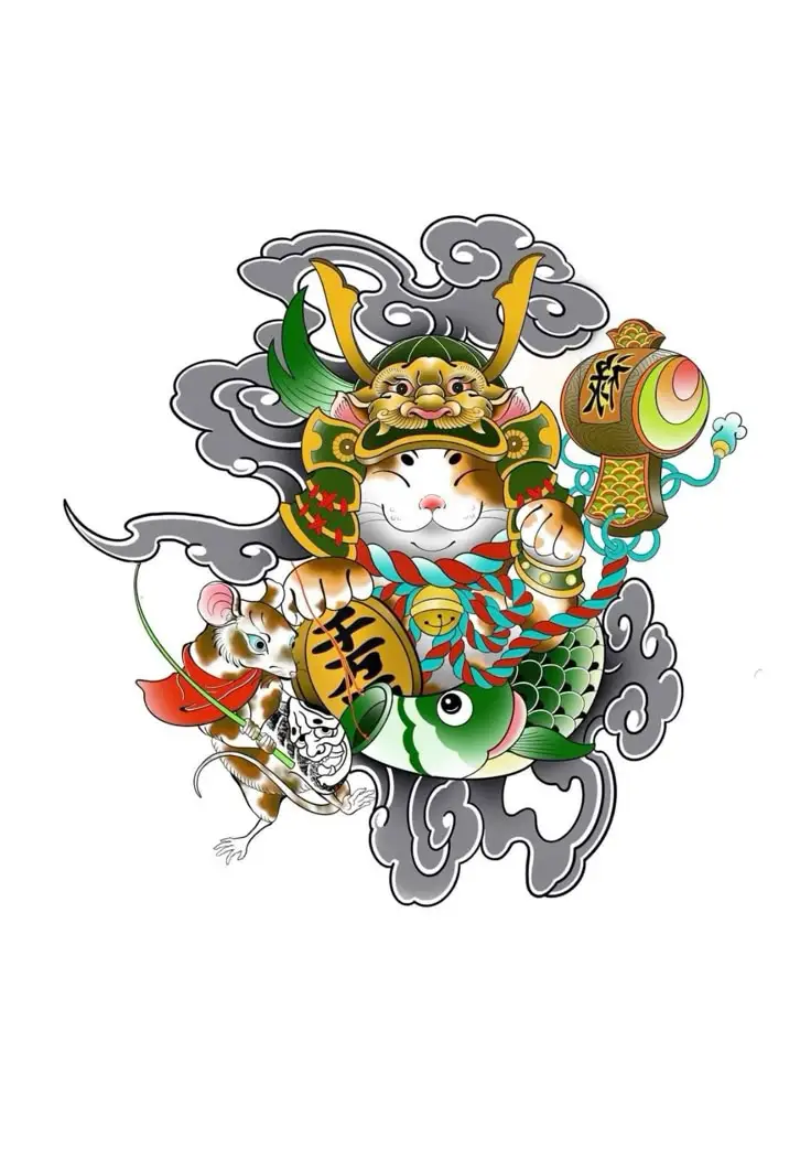 Hình Xăm Mèo Thần Tài Samurai: Biểu Tượng May Mắn 17