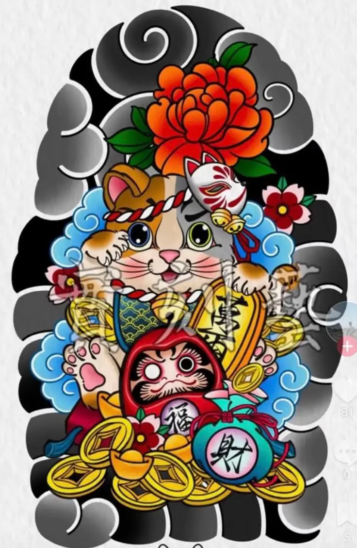 Hình Xăm Mèo Thần Tài Samurai: Biểu Tượng May Mắn 19