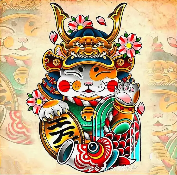 Hình Xăm Mèo Thần Tài Samurai: Biểu Tượng May Mắn 23