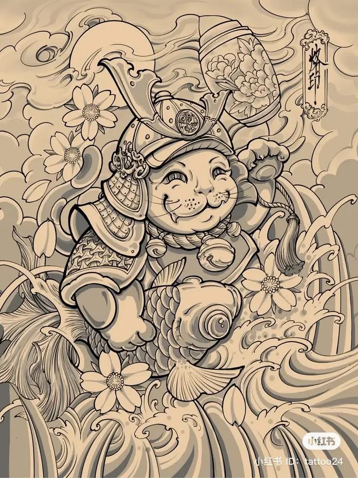 Hình Xăm Mèo Thần Tài Samurai: Biểu Tượng May Mắn 25