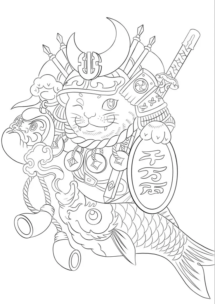 Hình Xăm Mèo Thần Tài Samurai: Biểu Tượng May Mắn 26
