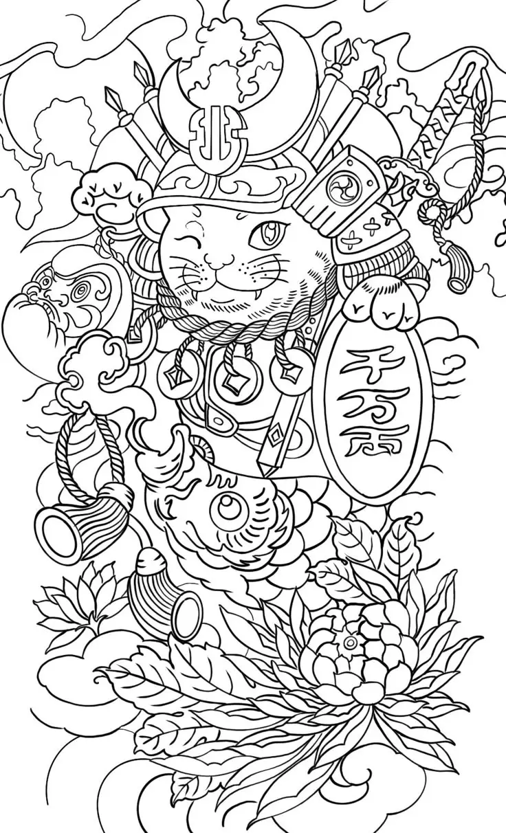 Hình Xăm Mèo Thần Tài Samurai: Biểu Tượng May Mắn 27