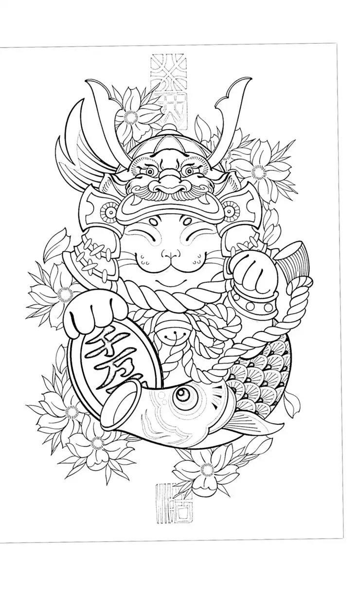 Hình Xăm Mèo Thần Tài Samurai: Biểu Tượng May Mắn 31