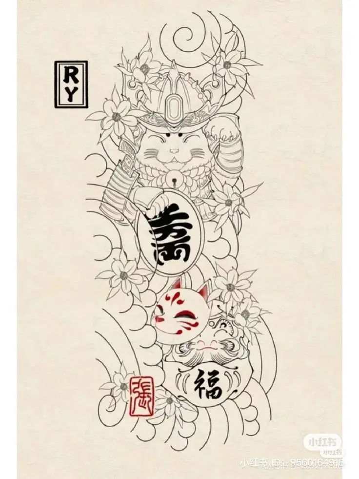 Hình Xăm Mèo Thần Tài Samurai: Biểu Tượng May Mắn 32