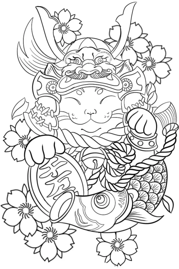 Hình Xăm Mèo Thần Tài Samurai: Biểu Tượng May Mắn 34