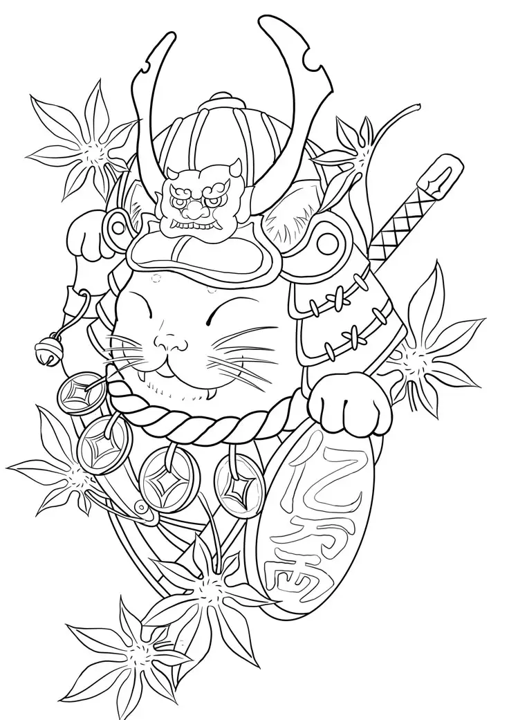 Hình Xăm Mèo Thần Tài Samurai: Biểu Tượng May Mắn 38