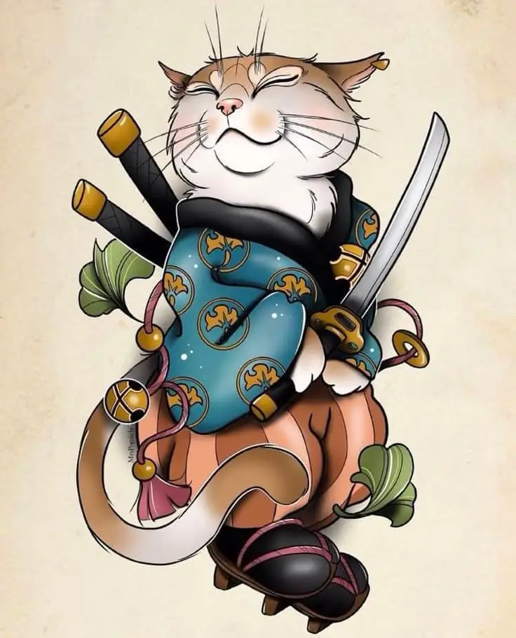 Hình Xăm Mèo Thần Tài Samurai: Biểu Tượng May Mắn 39