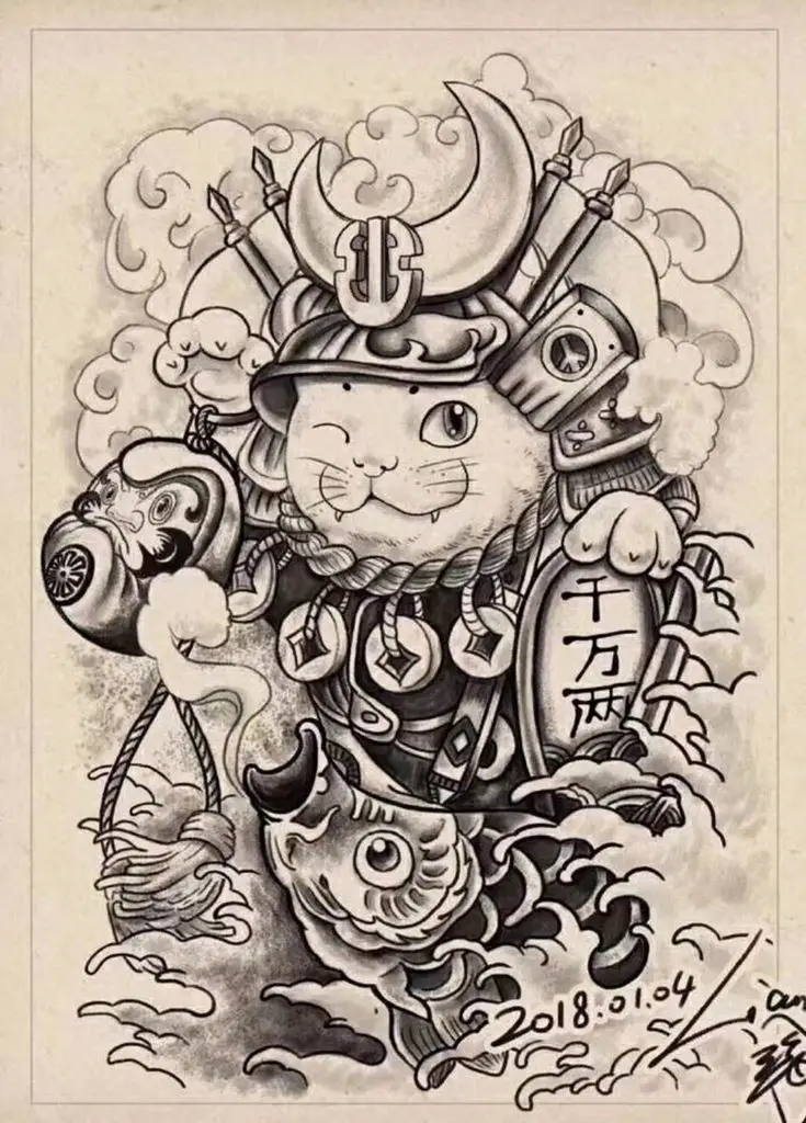 Hình Xăm Mèo Thần Tài Samurai: Biểu Tượng May Mắn 41