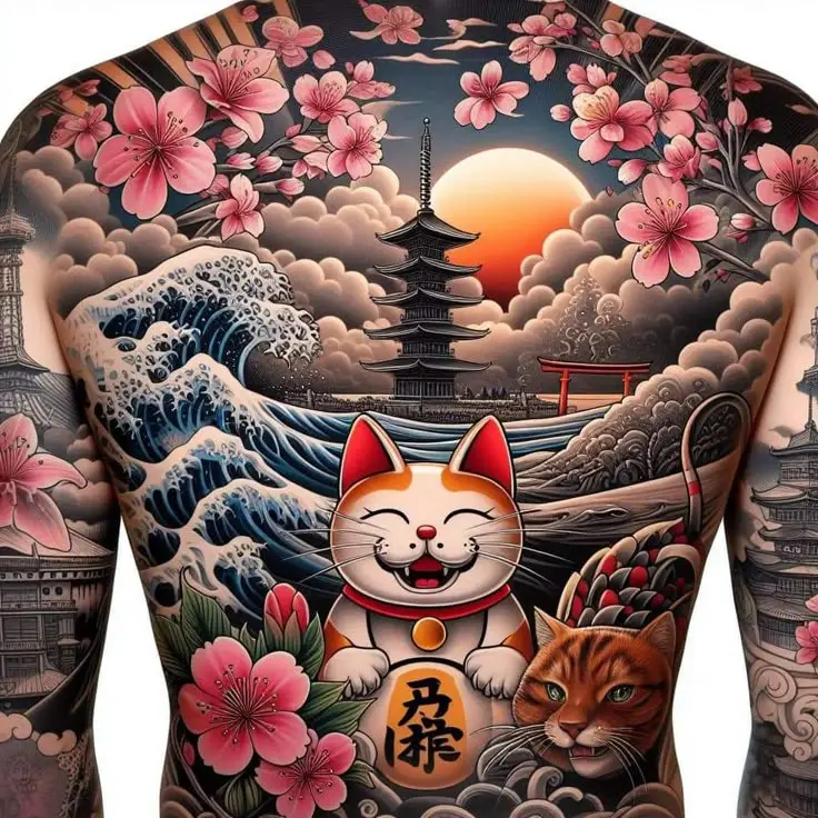 Hình Xăm Mèo Thần Tài Samurai: Biểu Tượng May Mắn 43