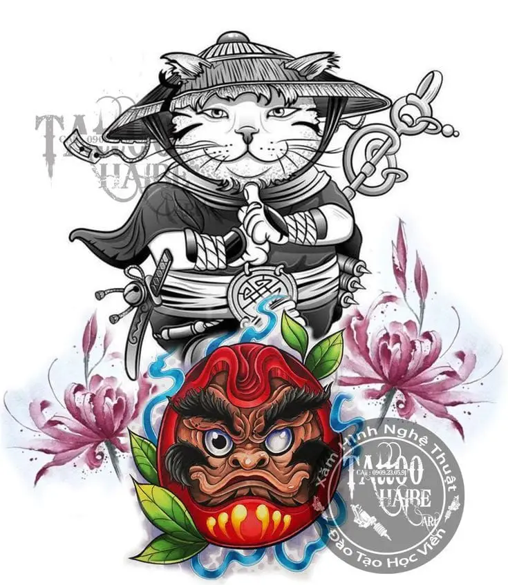 Hình Xăm Mèo Thần Tài Samurai: Biểu Tượng May Mắn 44