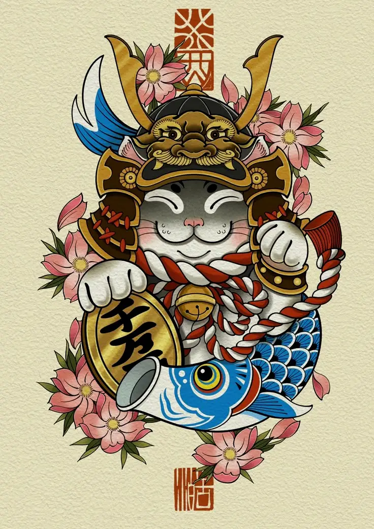 Hình Xăm Mèo Thần Tài Samurai: Biểu Tượng May Mắn
