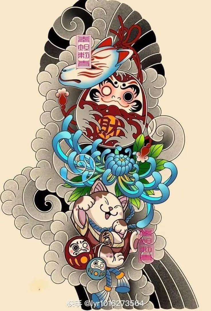 Hình Xăm Mèo Thần Tài Samurai: Biểu Tượng May Mắn 54