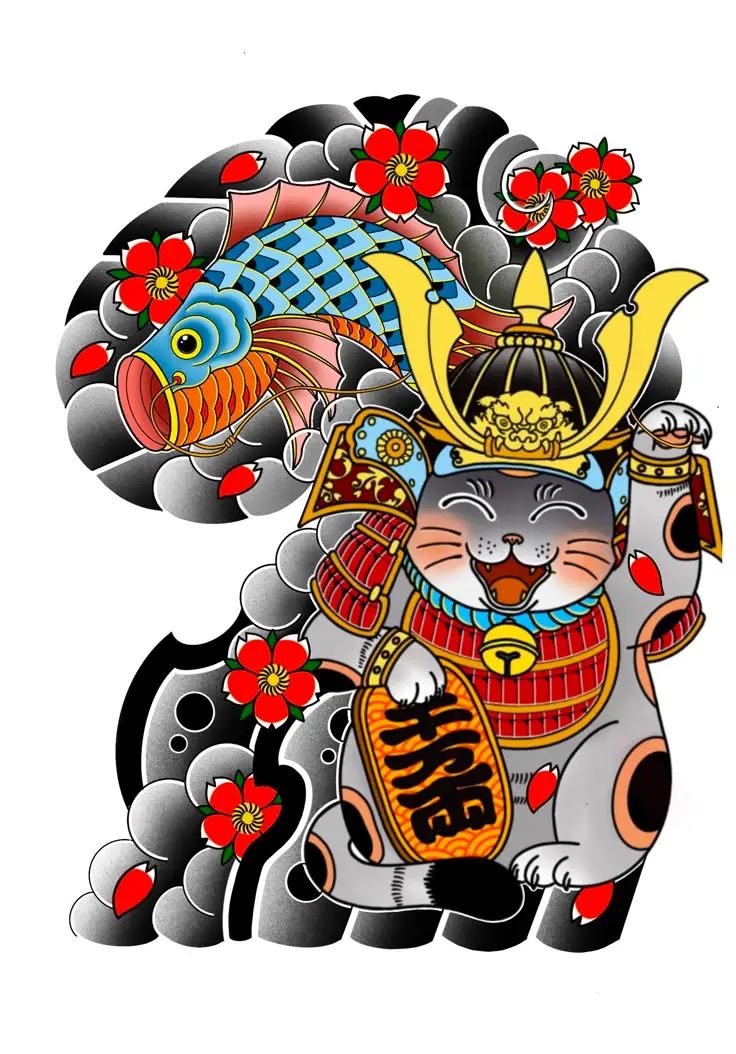 Hình Xăm Mèo Thần Tài Samurai: Biểu Tượng May Mắn 57