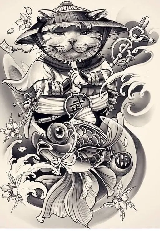 Hình Xăm Mèo Thần Tài Samurai: Biểu Tượng May Mắn 63