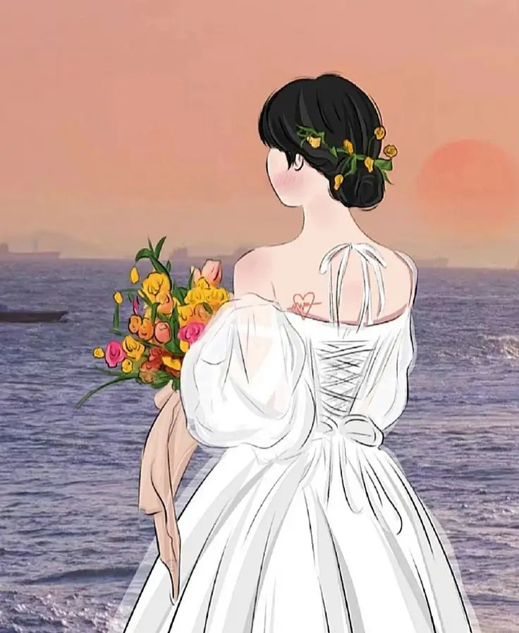 Quay Lưng Ảnh Cô Gái Cầm Hoa Anime Đẹp